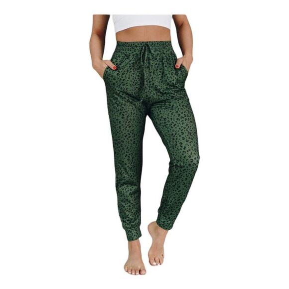 Green and Black Leopard Print Relaxed Fit Draw String Joggers Sweat Pants Medium - Picture 15 of 15